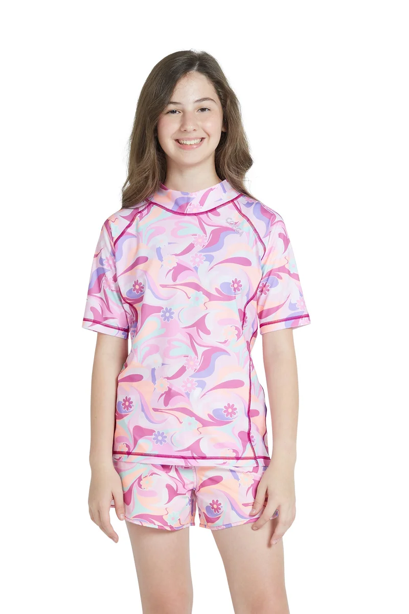 COEGA  Girls Youth Rashguard Short Sleeve - Purple Groovy Splashes